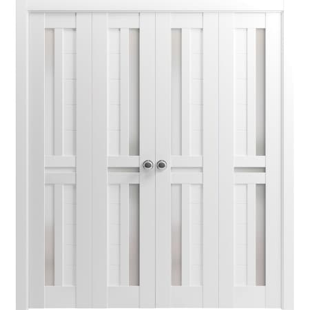Sartodoors Sliding French Pocket Door 18 x 84in, Nordic White W/ Frosted Glass, Kit Trims Rail Hardware QUADRO4445PD-NOR-1884